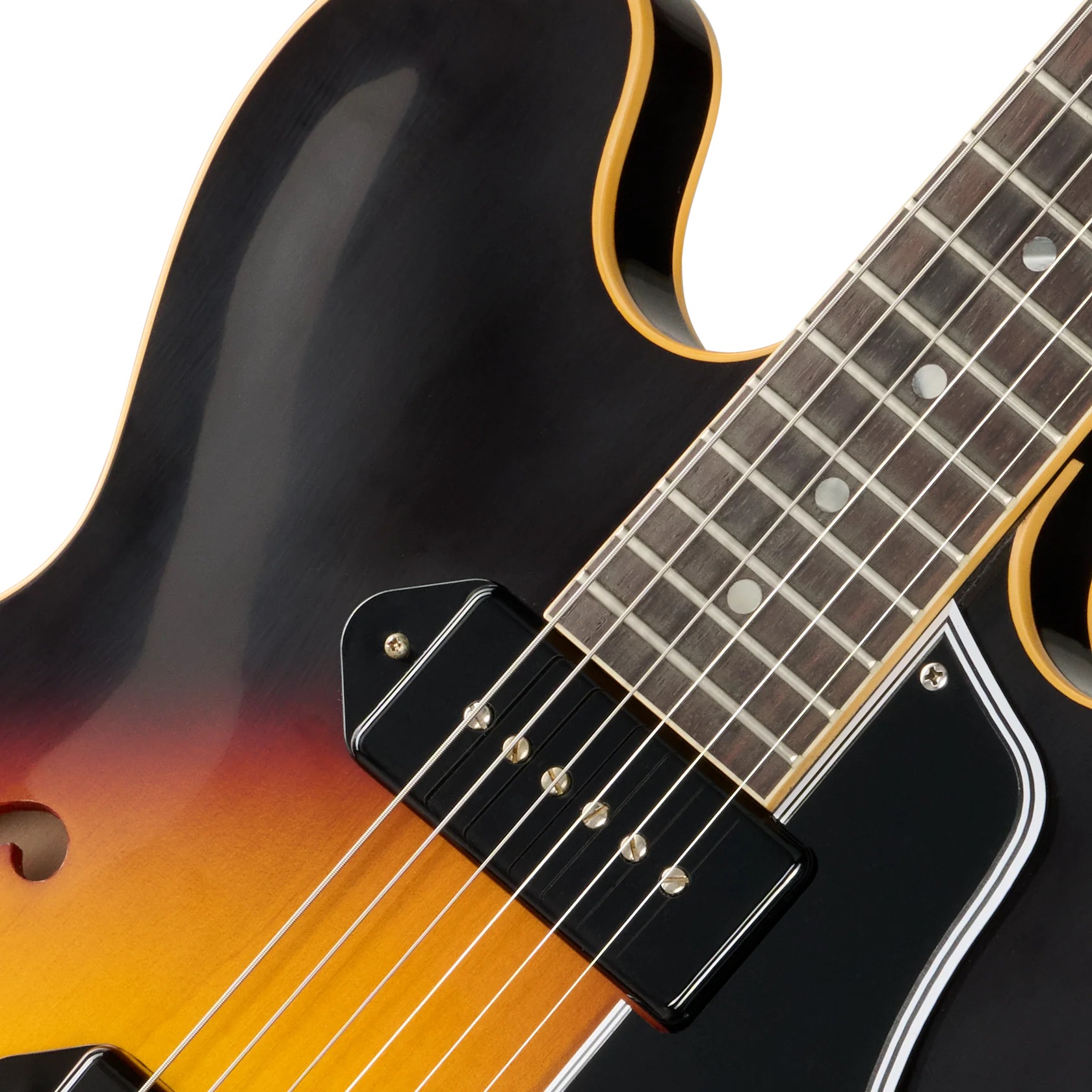 Elektrische Gitarre, Sunburst-Lackierung, Hollowbody-Korpus, Schwarzes Schlagbrett, P-90-Tonabnehmer